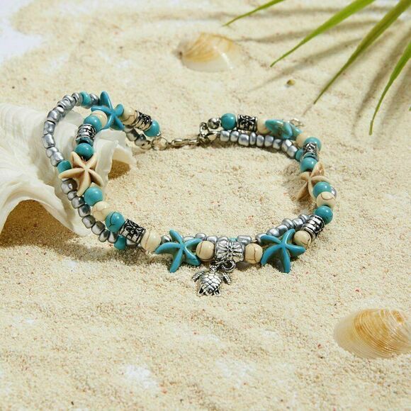 NEW By the Sea Double Ankle Bracelet Starfish Turtle Turquoise Ivory Silver - Picture 6 of 8